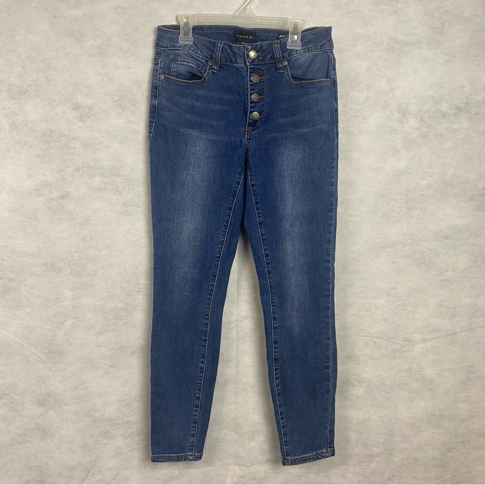 Tahari Womens Jeans Amelia Button Fly Skinny Sz 4/27 Blue Mid Rise